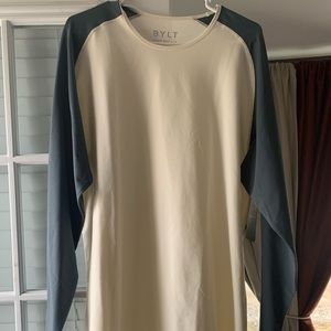 BYLT baseball long sleeve T-shirt. Lux style. White/Heather grey in color.